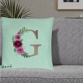 Cadou Personalizat - Perna Personalizata Monograma Rose Gold Litera G, 40x40 cm, Verde Menta, Husa Detasabila, Perna Inclusa, BEKZ®