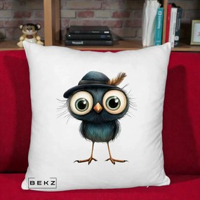 Perna Decorativa Pui Misterios cu Palarie Neagra, 40x40 cm, Alb Pufos, Husa Detasabila, Perna Inclusa, BEKZ®