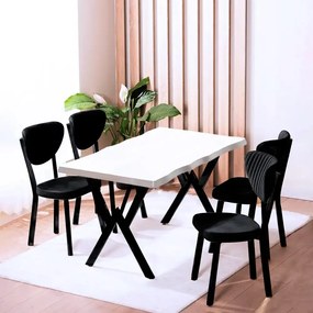 Set Masa Barton din MDF cu 4 Scaune  din metal, alb si negru, 140 cm