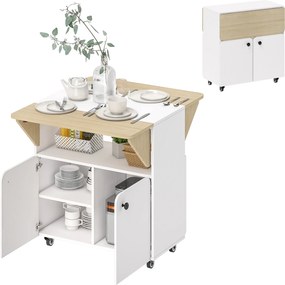 HOMCOM Masă de sufragerie pliabilă pe roți, masă de bucătărie 4 persoane, 2 blaturi rabatabile, etajeră, dulap, 70x83x75cm, alb | Aosom Romania