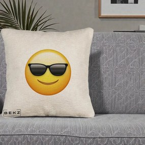 Perna Decorativa Emoji Cool Ochelari, 40x40 cm, Bej Canapea, Husa Detasabila, Perna Inclusa, BEKZ®