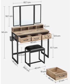 Masă de toaletă cu taburet FLORA, 28,6x42 cm, maro/negru