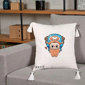 Perna Personalizata Labubu x Tony Tony Chopper, 40x40 cm, Bej cu Franjuri, Husa Detasabila, Perna Inclusa, BEKZ®