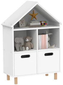 AIYAPLAY Bibliotecă pentru copii mobilier de depozitare pentru copii 3 nivele cu două sertare formă de casă 63,7 x 29,7 x 89 cm alb | Aosom Romania