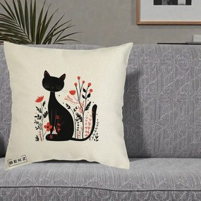 Perna Decorativa Pisica Neagra Flori Rosii Folk Minimal, 40x40 cm, Ecru, Husa Detasabila, Perna Inclusa, BEKZ®