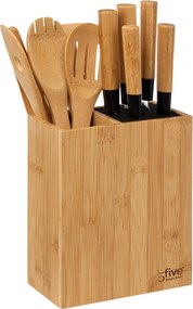 Set de accesorii de bucătărie într-un suport din bambus: 6 cuțite și 5 ustensile
