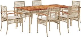 vidaXL Set de masă pentru grădină, 7 piese, cu perne, bej, poliratan