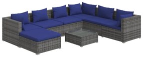 Set mobilier de gradina cu perne, 8 piese, gri, poliratan gri si bleumarin, 3x colt + 3x mijloc + suport pentru picioare + masa, 1