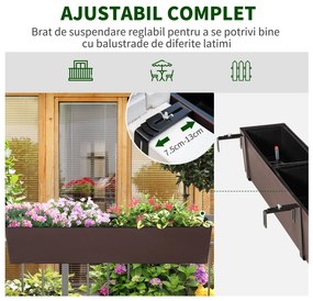 Jardiniera de Balcon Outsunny cu Carlig pentru Balustrada Reglabila, Indicator Nivel Apa si Disc cu Auto-Irigare, 99x18x19cm