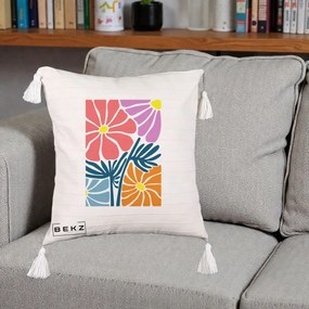 Perna Decorativa Flori Grafice Roz-Orange-Albastru, 40x40 cm, Bej cu Franjuri, Husa Detasabila, Perna Inclusa, BEKZ®
