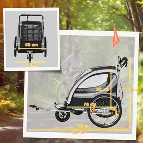 HOMCOM Remorcă pentru bicicletă pentru copii, cărucior pusher, cu frâne, pliabil, pentru 2 copii, Gri/Negru | Aosom Romania