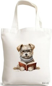 Sacosa de Panza pentru Cumparaturi, Geanta Tote, model Reading puppy 4 38 x 34.5 cm, Alba, BEKZ®