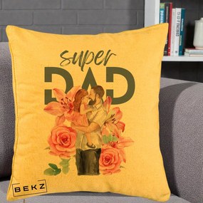 Cadou pentru Tata - Perna Personalizata Super Dad Tata cu Fetita si Flori, 40x40 cm, Galben, Husa Detasabila, Perna Inclusa, BEKZ®