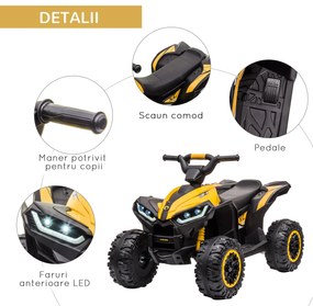 ATV electric copii HOMCOM cu cauciucuri late, masina, faruri LED, 12V ,claxon, muzica, pentru 3-5 ani, galben | Aosom Romania