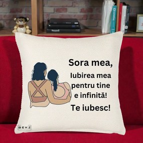 Cadou pentru Sora - Perna Personalizata Sora Mea Te Iubesc Doua Fete Fashioniste Line Art, 40x40 cm, Crem Reliefat, Husa Detasabila, Perna Inclusa, BEKZ®