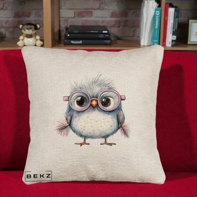 Perna Decorativa Pui Pufos cu Ochelari Roz, 40x40 cm, Bej Canapea, Husa Detasabila, Perna Inclusa, BEKZ®