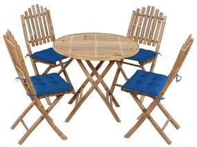 Set mobilier de exterior pliabil, cu perne, 5 piese, bambus Albastru, 40 x 40 x 7 cm, 5