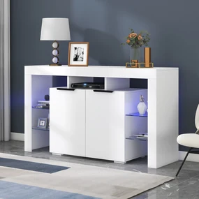 Comodă Modernă Luminoasă cu LED, 4 Rafturi din Sticlă și 2 Uși din Lemn, 140x40x80 cm pentru Living, Albă