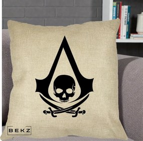Perna Personalizata Assassin's Creed Black Flag Skull, 40x40 cm, Crem, Husa Detasabila, Perna Inclusa, BEKZ®