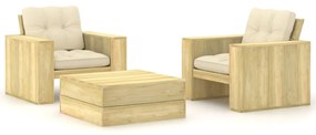 vidaXL Set mobilier de grădină cu perne, 3 piese, lemn de pin tratat