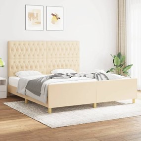 Cadru de pat cu tablie, crem, 180x200 cm, textil Crem, 180 x 200 cm, Design cu nasturi