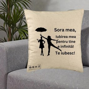Cadou pentru Sora - Perna Personalizata Sora Mea Te Iubesc Siluete Negre cu Umbrela, 40x40 cm, Bej, Husa Detasabila, Perna Inclusa, BEKZ®
