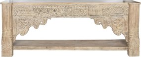 Consolă hol sculptată din lemn, natur, cu raft, friză florală, arcade polilobate și stâlpi sculptați, 91 x 233 x 47 cm, „Imperial”