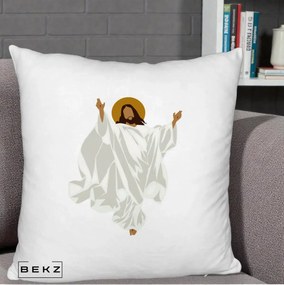 Perna Decorativa Iisus Hristos Invierea Silueta Minimalista, 40x40 cm, Alb Pufos, Husa Detasabila, Perna Inclusa, BEKZ®