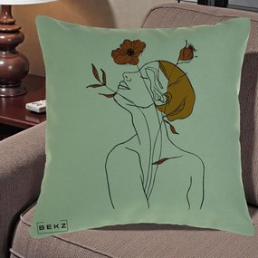 Perna Decorativa Portret Feminin Mac Privire Inalta, 40x40 cm, Verde, Husa Detasabila, Perna Inclusa, BEKZ®