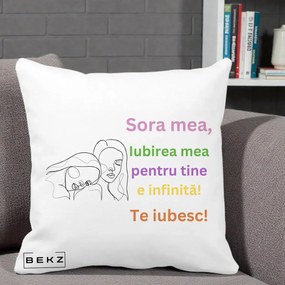 Cadou pentru Sora - Perna Personalizata Sora Mea Te Iubesc Line Art Fete Colorate Brate Ridicate, 40x40 cm, Alba Mata, Husa Detasabila, Perna Inclusa, BEKZ®