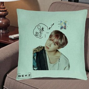 Perna Personalizata K-pop BTS J-Hope Par Roz Autograf, 40x40 cm, Verde Menta, Husa Detasabila, Perna Inclusa, BEKZ®
