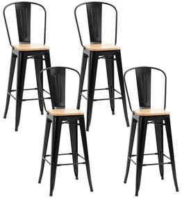 HOMCOM, Set de 4 taburete de bar, stil industrial, cu spătar, suport pentru picioare, înălțime 76 cm, Negru | Aosom Romania