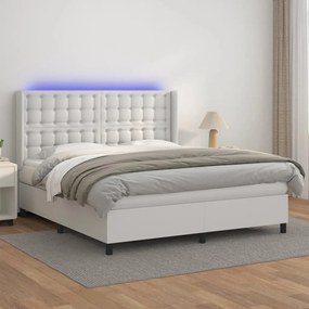 vidaXL Pat cu arcuri, saltea și LED, alb, 180x200 cm, piele ecologică