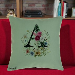Cadou Personalizat - Perna Personalizata Monogram Litera A cu Flori Acuarela, 40x40 cm, Verde, Husa Detasabila, Perna Inclusa, BEKZ®