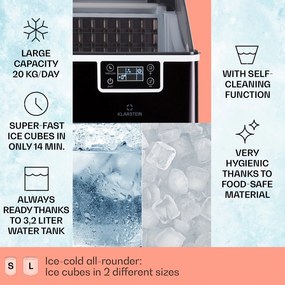 Klarstein Chios, aparat de făcut cuburi de gheață, 20 kg/24 h, Auto-Clean, rezervor de apă de 3,2 litri