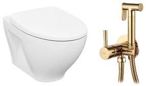 Pachet vas wc suspendat Cersanit Moduo, capac softclose si set dus igiena intima cu baterie incastrata Invena Bidetta auriu