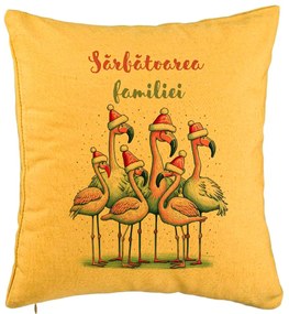 Perna Decorativa cu tematica de Craciun, Flamingo si Text 2, 40x40 cm, Galben, Husa Detasabila, Burduf