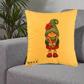 Perna Decorativa Gnom Craciun Verde cu Bomboane si Floare, 40x40 cm, Galben, Husa Detasabila, Perna Inclusa, BEKZ®