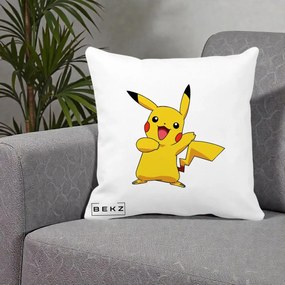 Perna Personalizata Pikachu Fericit, 40x40 cm, Alba Mata, Husa Detasabila, Perna Inclusa, BEKZ®