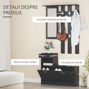 HOMCOM Dulap pentru Intrare Cuier cu Pantofar si Oglinda, Rafturi si Sertar, Dulap Cuier din PAL, 90x10x102 cm, Negru