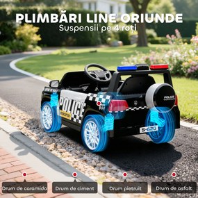 AIYAPLAY Mașina Electrică de Poliție pentru Copii 12V cu Telecomandă, Sirenă și Lumini, Vârsta 3-5 Ani, Negru | Aosom Romania