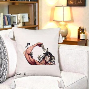 Perna Personalizata Attack on Titan Eren Titan Grup, 40x40 cm, Bej cu Franjuri, Husa Detasabila, Perna Inclusa, BEKZ®