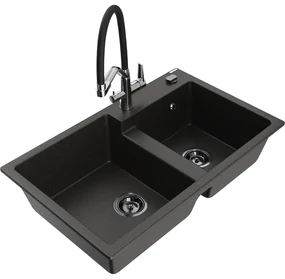 Mexen Tomas Chiuvetă de granit cu 2 compartimente și baterie de bucătărie Duo, Neagră/Auriu metalic - 6516-75-671701-07-B