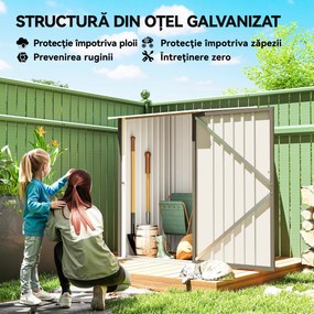Outsunny Magazie de Grădină 0,92m² din Oțel Galvanizat, Depozit pentru Unelte cu Ușă Blocabilă, Acoperiș Înclinat, 100x104x160 cm, Maro și Alb | Aosom Romania