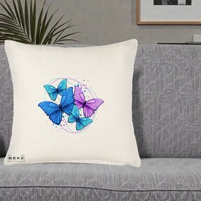 Perna Decorativa Patru Fluturi Turcoaz-Violet, 40x40 cm, Crem Reliefat, Husa Detasabila, Perna Inclusa, BEKZ®