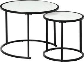 HOMCOM Lot de 2 Mese de Cafea Rotunde telescopice empilabile Blat din lemn aspect marmură și Picior metalic negru | Aosom Romania