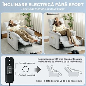 HOMCOM Fotoliu Relaxant Electric cu Masaj și Încălzire și Suport pentru Picioare, Silențios, Fotoliu Reclinabil 150° în Catifea Prietenoasă cu Animalele cu Funcție de Memorare, 2 Telecomenzi pentru Sufragerie, Gri Deschis | Aosom Romania