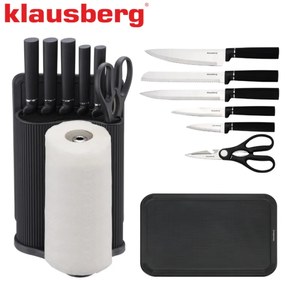 Set cuțite Klausberg KB 7977, 8 piese, Oțel inoxidabil, Suport, Suport hârtie de bucătărie, Negru