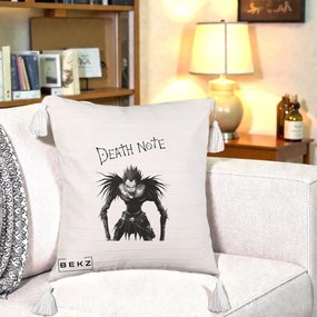 Perna Personalizata Death Note Ryuk Shinigami Alb-Negru, 40x40 cm, Bej cu Franjuri, Husa Detasabila, Perna Inclusa, BEKZ®