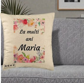 Cadou de Onomastica - Perna Personalizata La Multi Ani Maria Flori Acuarela, 40x40 cm, Bej, Husa Detasabila, Perna Inclusa, BEKZ®